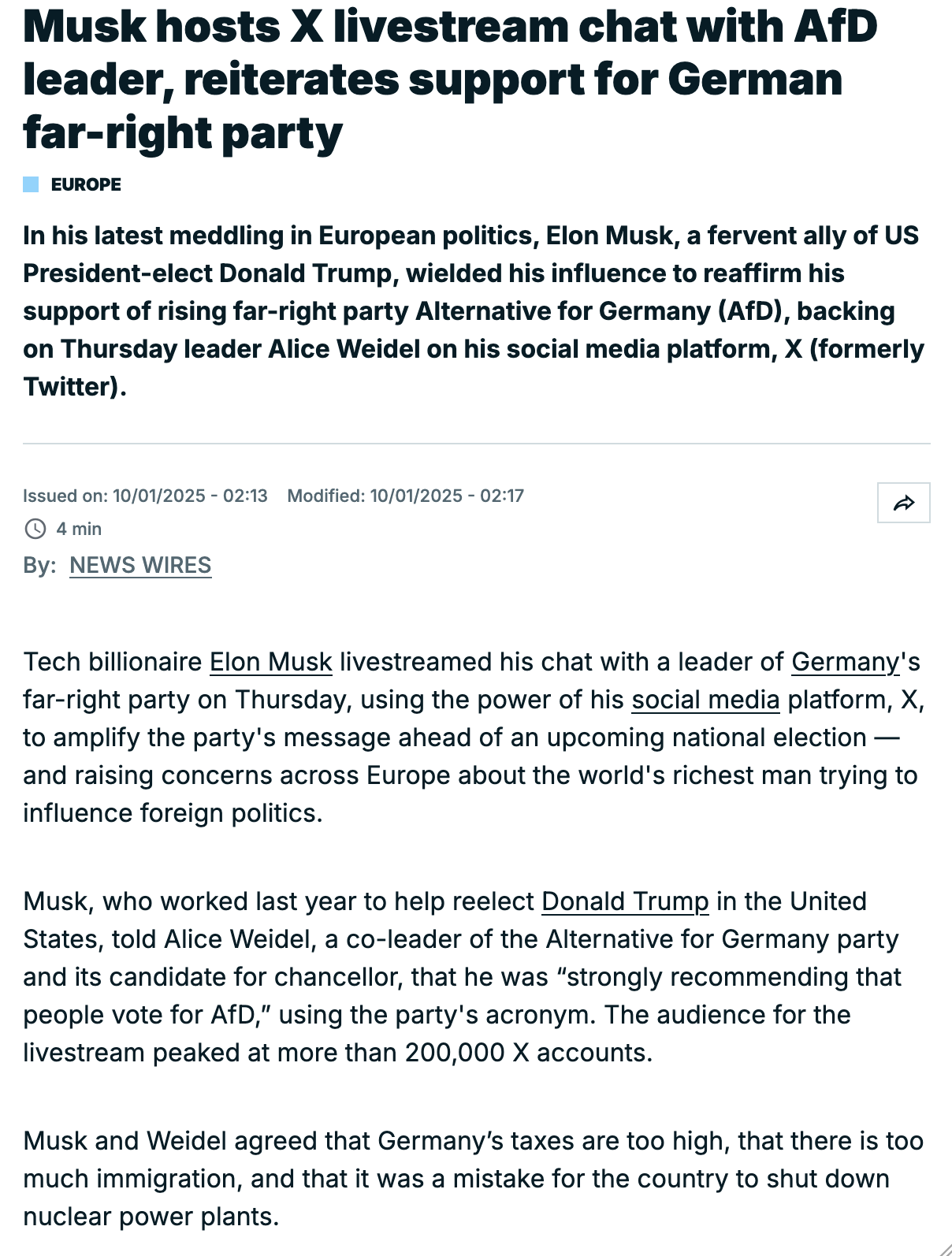 France 24 article on Elon backing a Nazi party