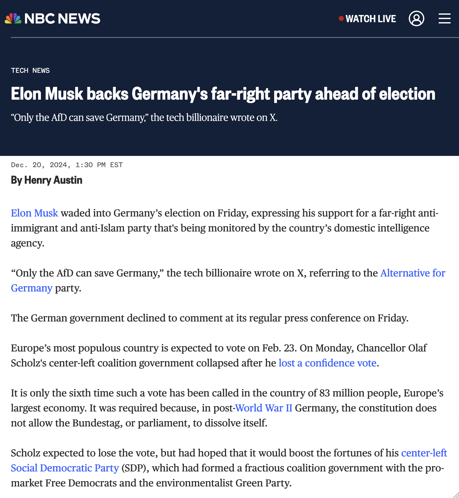NBC News article on Elon backing a Nazi party
