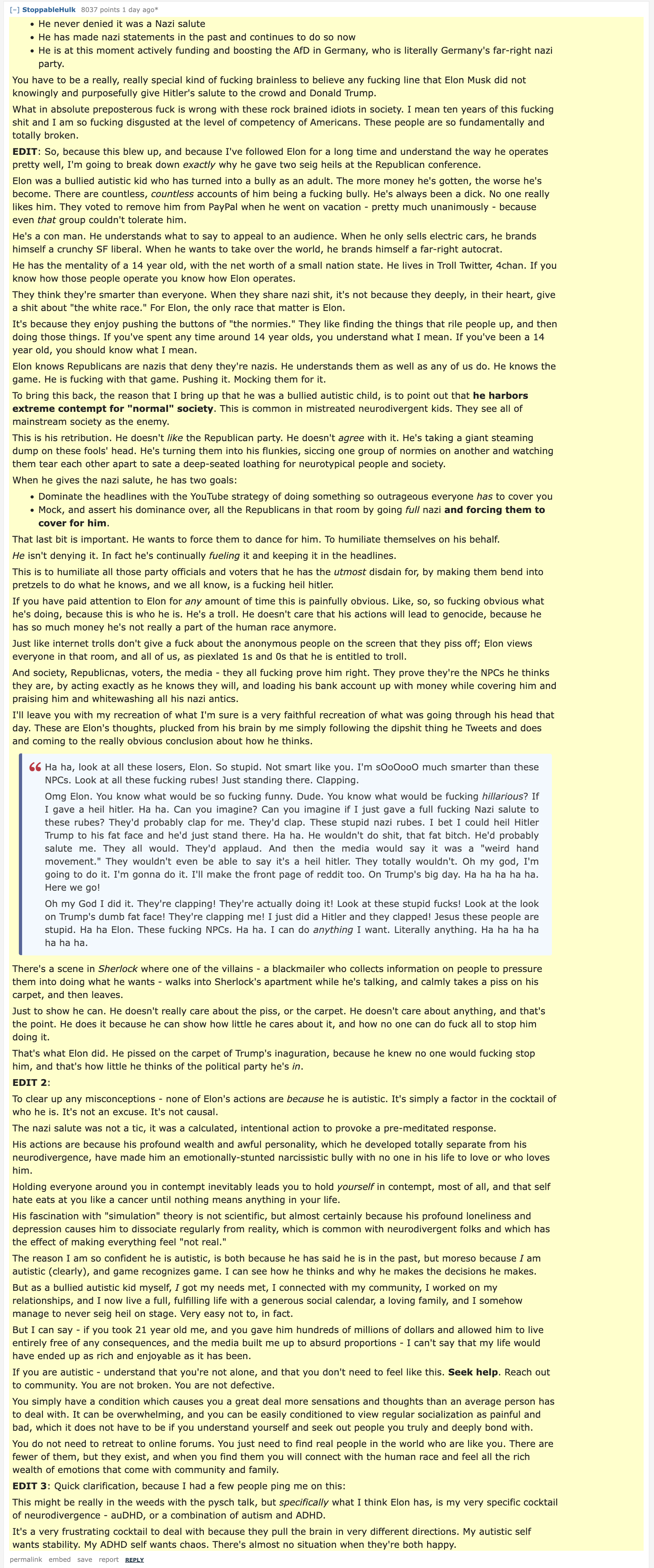 An Explanation of Elons Nazi salute by reddit user StoppableHulk